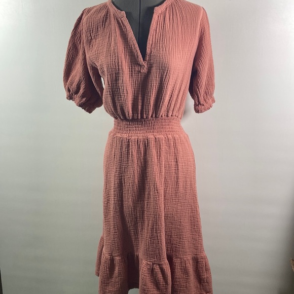 Just Living Dresses & Skirts - Just Living Dress Women Size XS Mauve 100% Cotton V Neck Elastic Waist & Sleeves